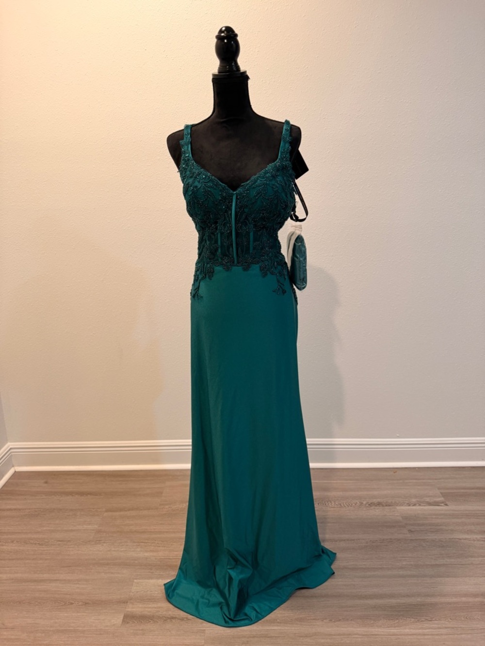 Emerald Green Lace Bodice Evening Gown